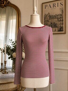 H&M Red and White Striped Long Sleeve Boatneck Top XS | Low Back